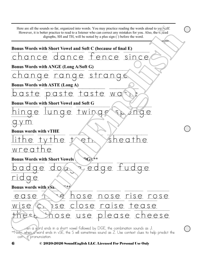 - SoundEnglish A phonics practice page showing long and short vowel word lists with underlines for tracing (ch, dance, fence, since; change, range, strange; basic, paste, taste, wane).