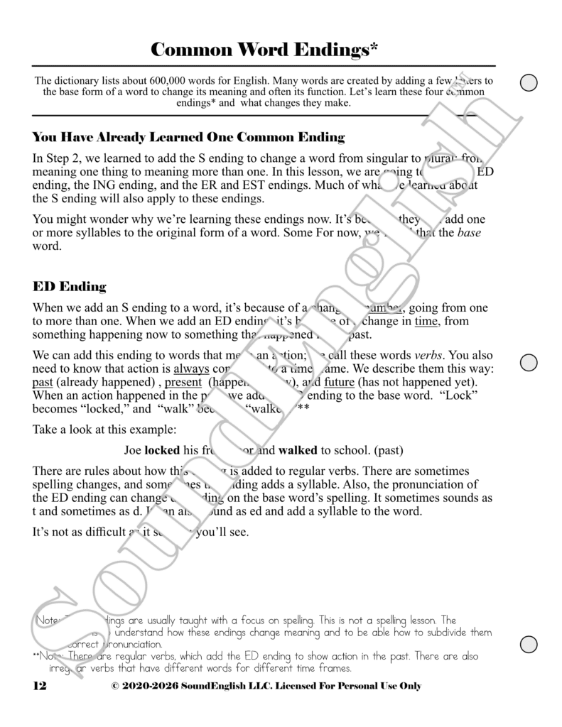- SoundEnglish Page 12 worksheet from SoundEnglish Step 3: Learn the Syllable Page 12 Common Word Endings explaining how adding endings changes meaning, with an 'ED Ending'
