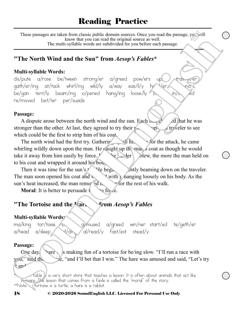 - SoundEnglish SoundEnglish Step 3: Learn the Syllable Page 18 Reading Practice with passages from Aesop's Fables