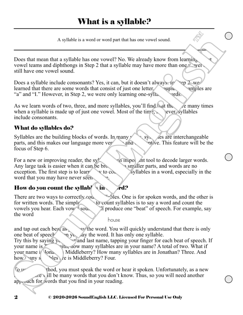 - SoundEnglish SoundEnglish Step 3: Learn the Syllable Page 2 defines the syllable and teaches how to count them in a word