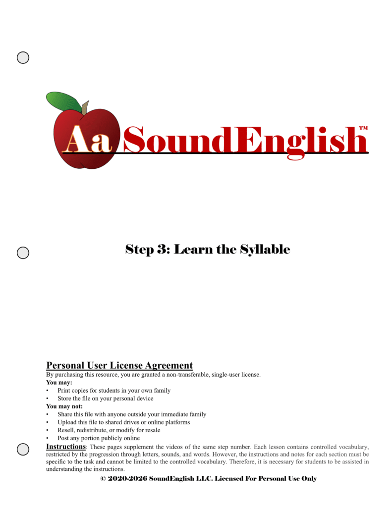- SoundEnglish Big red apple logo for SoundEnglish Step 3: Learn the Syllable Personal User Title Page