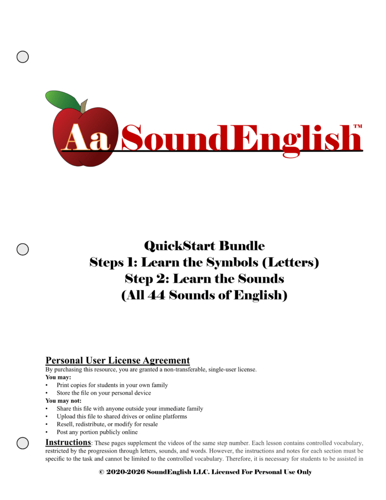 - SoundEnglish A big red apple logo for SoundEnglish above the title of the packet: QuickStart Bundle Step 1: Learn the Symbols and Step 2: Learn the Sounds