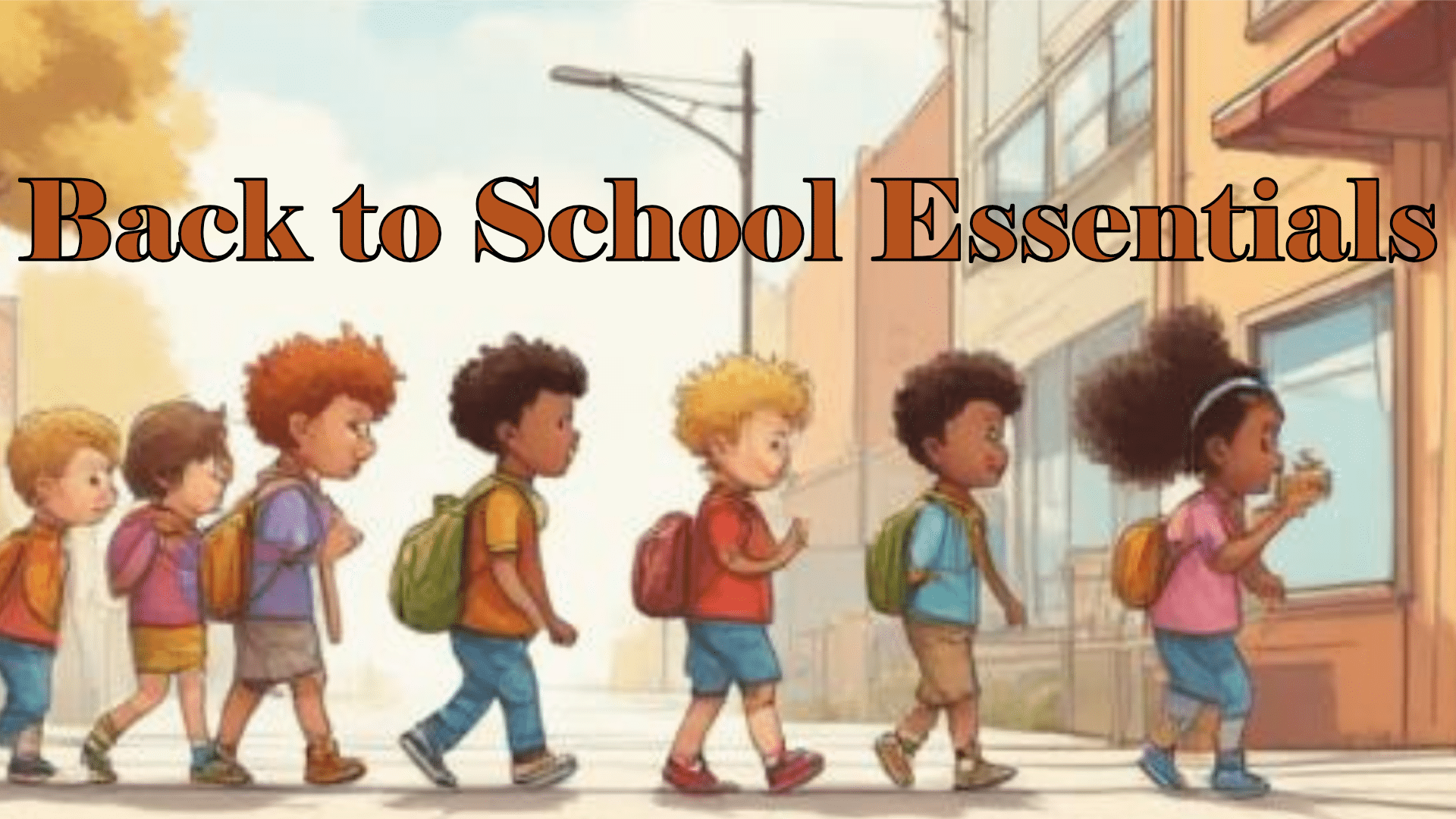 A line of students at the school door under the words Back to School Essentials