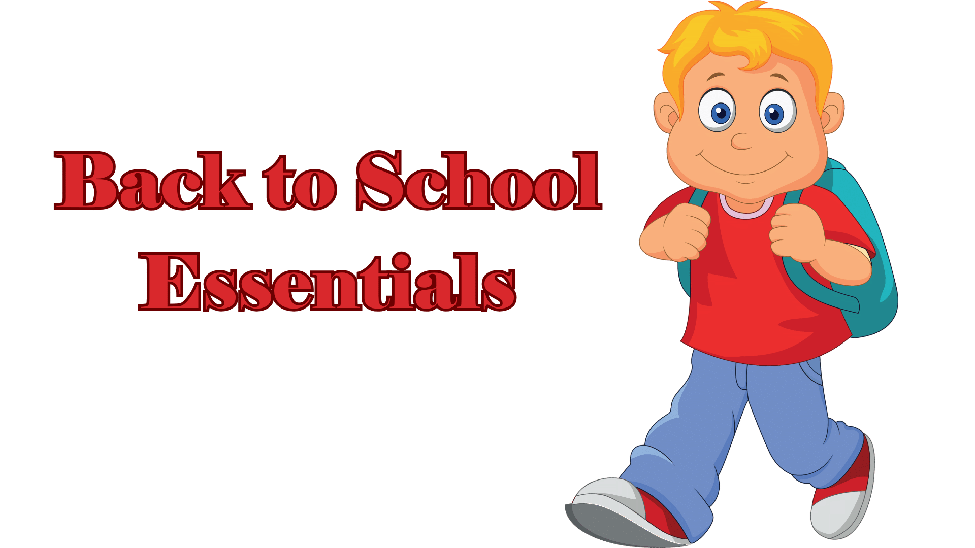 A boy in jeans and a red shirt and a green backpack next to a banner saying, "Back to School Essentials"
