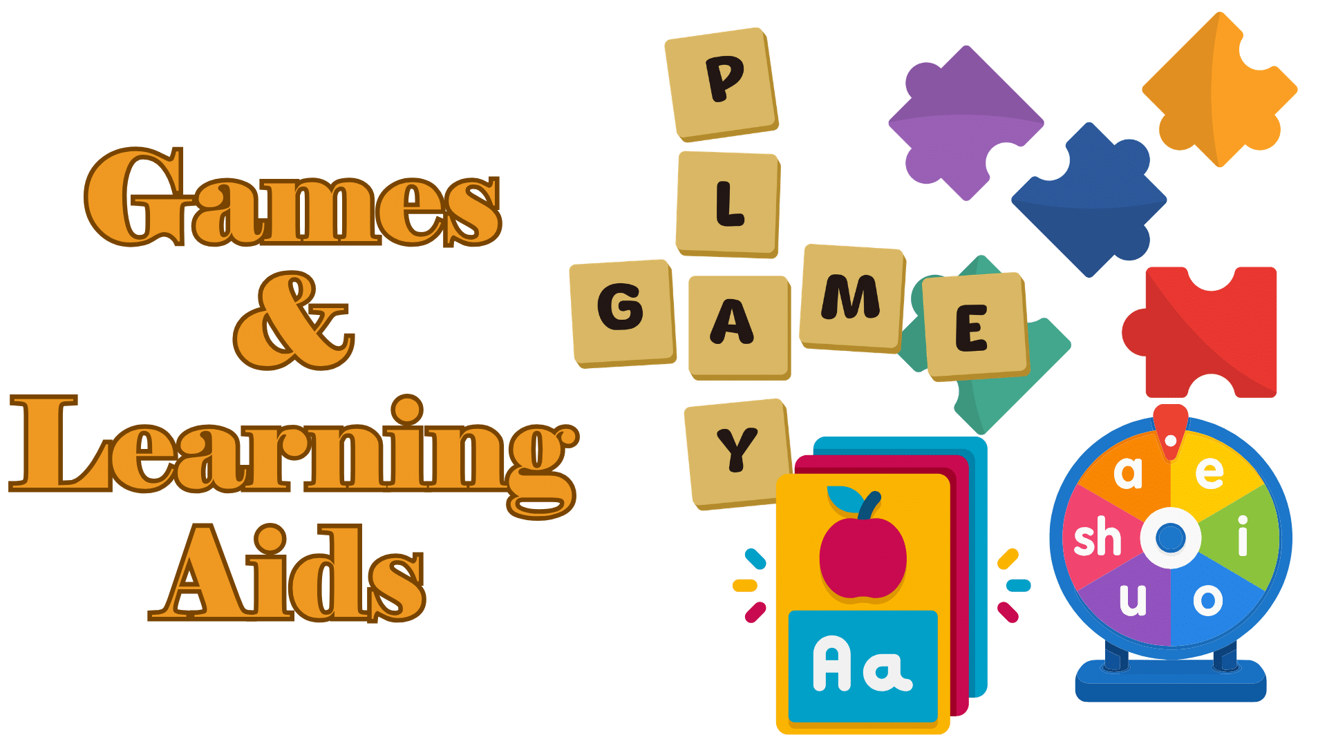 Flashcards and puzzle pieces with a banner that reads "Games and Learning Aids"