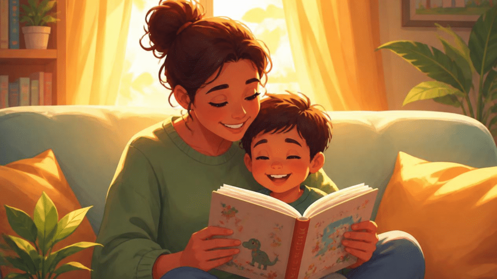 A colorful illustration of a young mother reading aloud to her young sone
